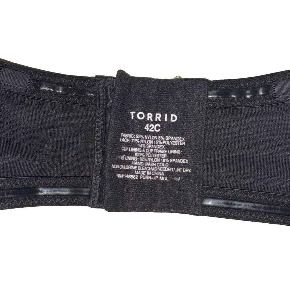 Torrid Bra 42C Black Push Up Padded Multi-Way Lace Underwire Strapless